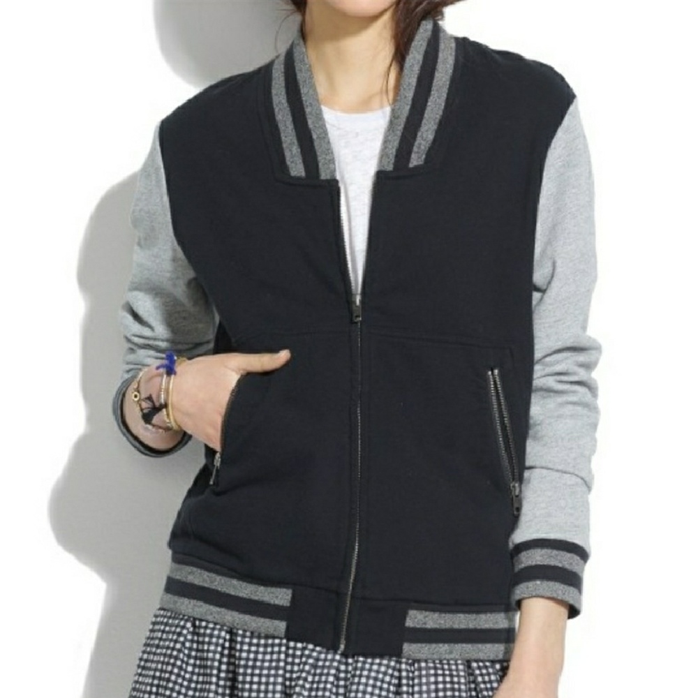 Madewell Varsity Zip Up Jacket Black Gray Stripe